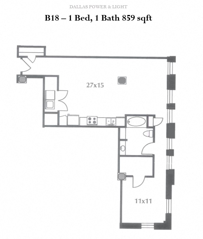 Floor plan for 1 bed, 1 bath, 859 sqft